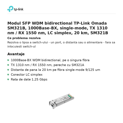 Modul SFP WDM bidirectional TP-Link Omada SM321B, 1000Base-BX, single-mode, TX 1310 nm / RX 1550 nm, LC simplex, 20 km, SM321B [1]