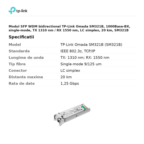 Modul SFP WDM bidirectional TP-Link Omada SM321B, 1000Base-BX, single-mode, TX 1310 nm / RX 1550 nm, LC simplex, 20 km, SM321B [2]