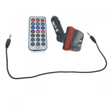 Modulator FM auto, player MP3 / WMA cu port USB si microSD, incarcare USB 2A, AUX jack 3.5mm, negru cu rosu [1]