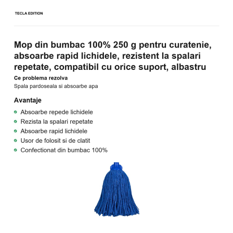 Mop din bumbac 100% 250 g pentru curatenie, absoarbe rapid lichidele, rezistent la spalari repetate, compatibil cu orice suport, albastru [1]