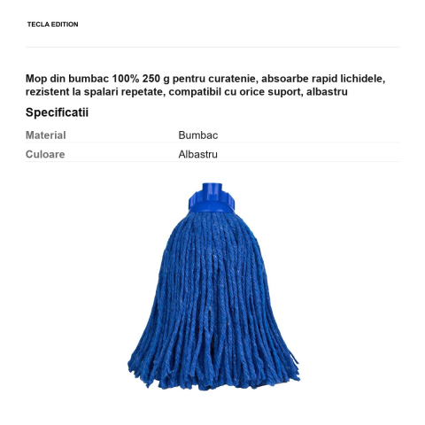 Mop din bumbac 100% 250 g pentru curatenie, absoarbe rapid lichidele, rezistent la spalari repetate, compatibil cu orice suport, albastru [2]