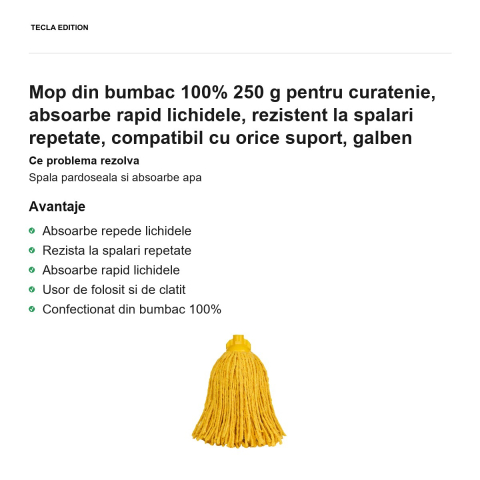 Mop din bumbac 100% 250 g pentru curatenie, absoarbe rapid lichidele, rezistent la spalari repetate, compatibil cu orice suport, galben [1]