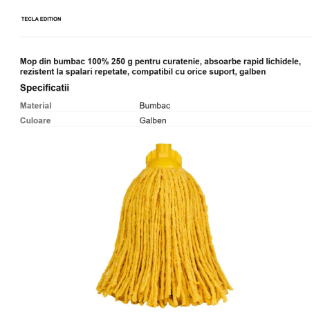 Mop din bumbac 100% 250 g pentru curatenie, absoarbe rapid lichidele, rezistent la spalari repetate, compatibil cu orice suport, galben [2]