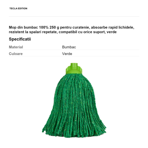 Mop din bumbac 100% 250 g pentru curatenie, absoarbe rapid lichidele, rezistent la spalari repetate, compatibil cu orice suport, verde [2]