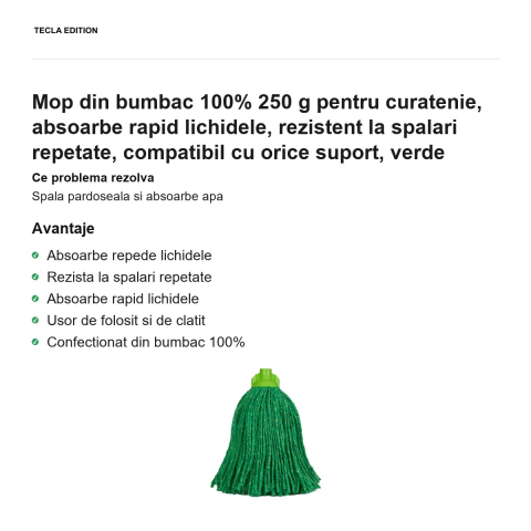 Mop din bumbac 100% 250 g pentru curatenie, absoarbe rapid lichidele, rezistent la spalari repetate, compatibil cu orice suport, verde [1]