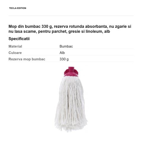 Mop din bumbac 330 g, rezerva rotunda absorbanta, nu zgarie si nu lasa scame, pentru parchet, gresie si linoleum, alb [2]