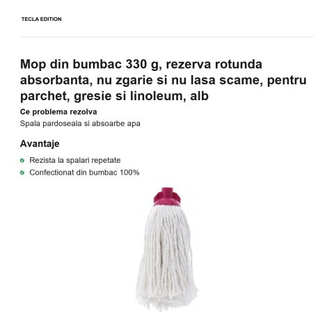Mop din bumbac 330 g, rezerva rotunda absorbanta, nu zgarie si nu lasa scame, pentru parchet, gresie si linoleum, alb [1]