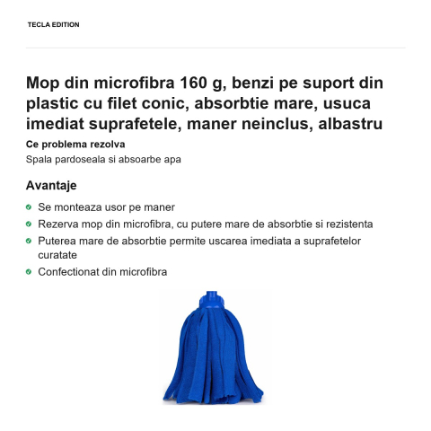 Mop din microfibra 160 g, benzi pe suport din plastic cu filet conic, absorbtie mare, usuca imediat suprafetele, maner neinclus, albastru [1]