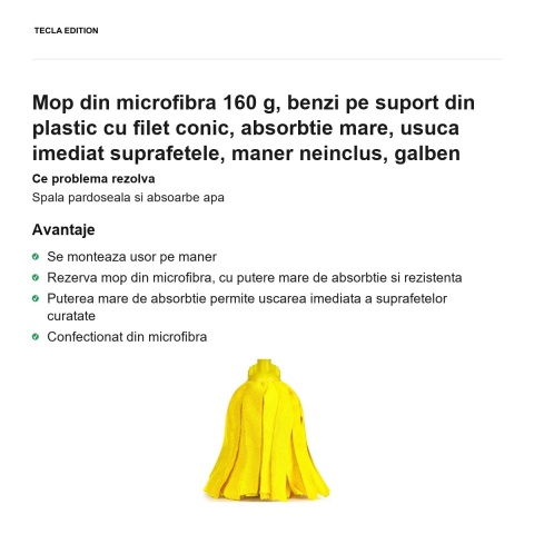 Mop din microfibra 160 g, benzi pe suport din plastic cu filet conic, absorbtie mare, usuca imediat suprafetele, maner neinclus, galben [1]