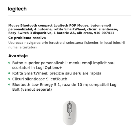 Mouse Bluetooth compact Logitech POP Mouse, buton emoji personalizabil, 4 butoane, rotita SmartWheel, clicuri silentioase, Easy-Switch 3 dispozitive, 1 baterie AA, alb-crem, 910-007411 [1]