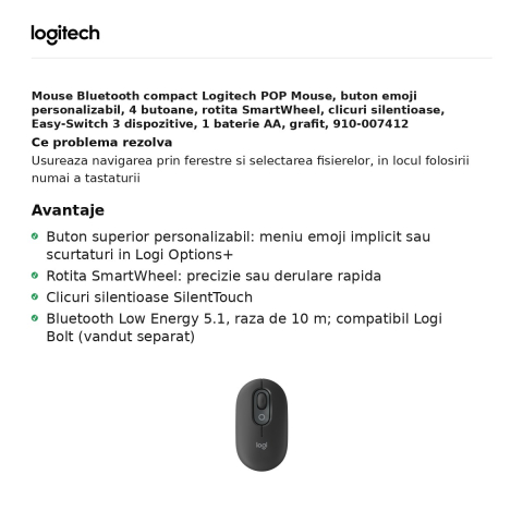Mouse Bluetooth compact Logitech POP Mouse, buton emoji personalizabil, 4 butoane, rotita SmartWheel, clicuri silentioase, Easy-Switch 3 dispozitive, 1 baterie AA, grafit, 910-007412 [1]