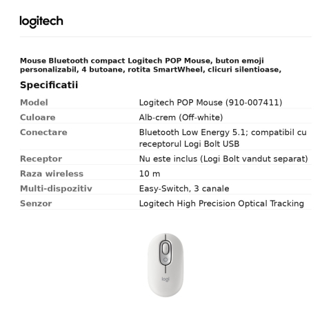 Mouse Bluetooth compact Logitech POP Mouse, buton emoji personalizabil, 4 butoane, rotita SmartWheel, clicuri silentioase, Easy-Switch 3 dispozitive, 1 baterie AA, alb-crem, 910-007411 [2]