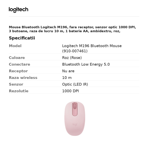 Mouse Bluetooth Logitech M196, fara receptor, senzor optic 1000 DPI, 3 butoane, raza de lucru 10 m, 1 baterie AA, ambidextru, roz, 910-007461 [2]