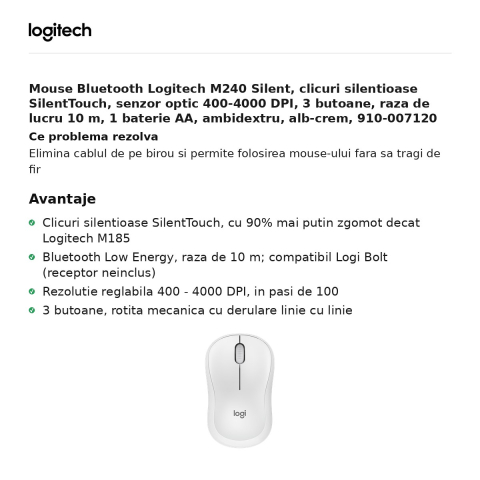 Mouse Bluetooth Logitech M240 Silent, clicuri silentioase SilentTouch, senzor optic 400-4000 DPI, 3 butoane, raza de lucru 10 m, 1 baterie AA, ambidextru, alb-crem, 910-007120 [1]