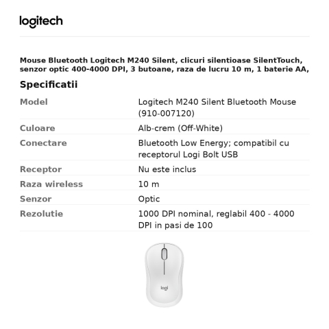 Mouse Bluetooth Logitech M240 Silent, clicuri silentioase SilentTouch, senzor optic 400-4000 DPI, 3 butoane, raza de lucru 10 m, 1 baterie AA, ambidextru, alb-crem, 910-007120 [2]