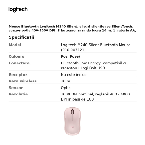Mouse Bluetooth Logitech M240 Silent, clicuri silentioase SilentTouch, senzor optic 400-4000 DPI, 3 butoane, raza de lucru 10 m, 1 baterie AA, ambidextru, roz, 910-007121 [2]