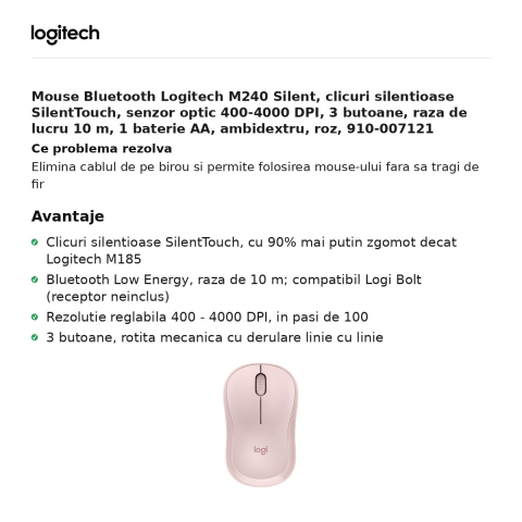 Mouse Bluetooth Logitech M240 Silent, clicuri silentioase SilentTouch, senzor optic 400-4000 DPI, 3 butoane, raza de lucru 10 m, 1 baterie AA, ambidextru, roz, 910-007121 [1]