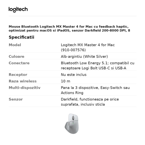 Mouse Bluetooth Logitech MX Master 4 for Mac cu feedback haptic, optimizat pentru macOS si iPadOS, senzor Darkfield 200-8000 DPI, 8 butoane, rotita MagSpeed, Actions Ring, alb-argintiu, 910-007576 [2]