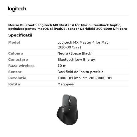 Mouse Bluetooth Logitech MX Master 4 for Mac cu feedback haptic, optimizat pentru macOS si iPadOS, senzor Darkfield 200-8000 DPI, 8 butoane, rotita MagSpeed, Actions Ring, negru, 910-007577 [2]
