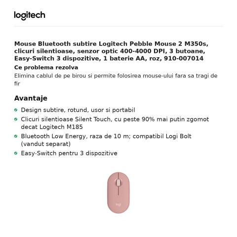 Mouse Bluetooth subtire Logitech Pebble Mouse 2 M350s, clicuri silentioase, senzor optic 400-4000 DPI, 3 butoane, Easy-Switch 3 dispozitive, 1 baterie AA, roz, 910-007014 [1]