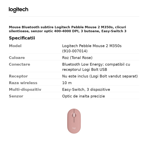 Mouse Bluetooth subtire Logitech Pebble Mouse 2 M350s, clicuri silentioase, senzor optic 400-4000 DPI, 3 butoane, Easy-Switch 3 dispozitive, 1 baterie AA, roz, 910-007014 [2]