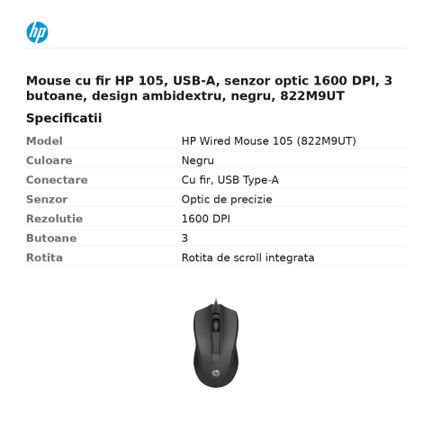 Mouse cu fir HP 105, USB-A, senzor optic 1600 DPI, 3 butoane, design ambidextru, negru, 822M9UT [2]