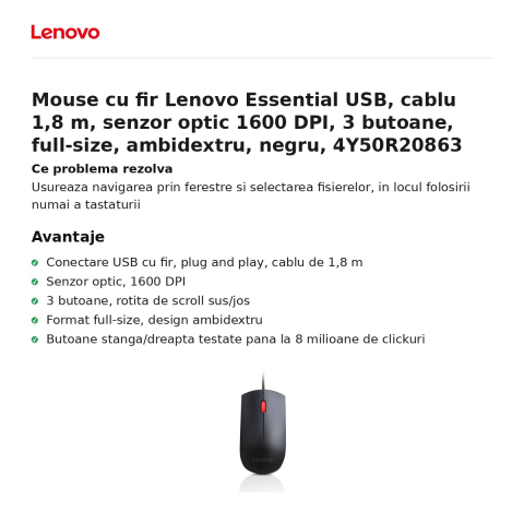 Mouse cu fir Lenovo Essential USB, cablu 1,8 m, senzor optic 1600 DPI, 3 butoane, full-size, ambidextru, negru, 4Y50R20863 [1]