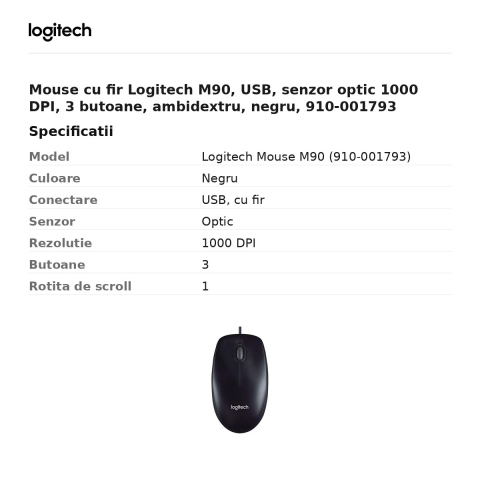 Mouse cu fir Logitech M90, USB, senzor optic 1000 DPI, 3 butoane, ambidextru, negru, 910-001793 [2]