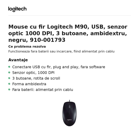 Mouse cu fir Logitech M90, USB, senzor optic 1000 DPI, 3 butoane, ambidextru, negru, 910-001793 [1]