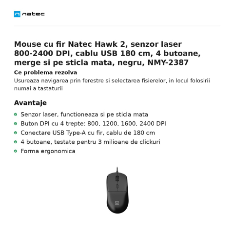 Mouse cu fir Natec Hawk 2, senzor laser 800-2400 DPI, cablu USB 180 cm, 4 butoane, merge si pe sticla mata, negru, NMY-2387 [1]