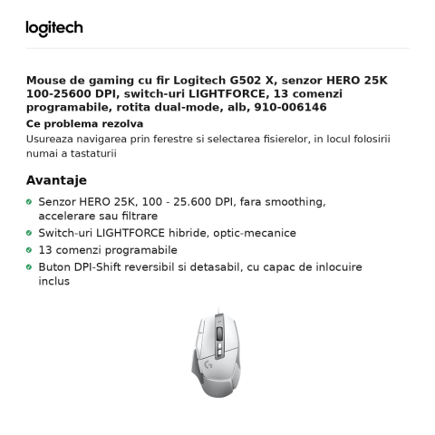 Mouse de gaming cu fir Logitech G502 X, senzor HERO 25K 100-25600 DPI, switch-uri LIGHTFORCE, 13 comenzi programabile, rotita dual-mode, alb, 910-006146 [1]