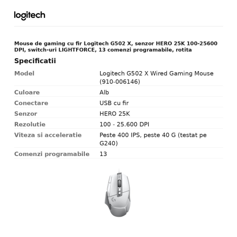 Mouse de gaming cu fir Logitech G502 X, senzor HERO 25K 100-25600 DPI, switch-uri LIGHTFORCE, 13 comenzi programabile, rotita dual-mode, alb, 910-006146 [2]