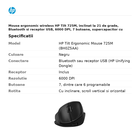 Mouse ergonomic wireless HP Tilt 725M, inclinat la 21 de grade, Bluetooth si receptor USB, 6000 DPI, 7 butoane, supercapacitor cu incarcare USB-C, negru, BH0Z5AA [2]