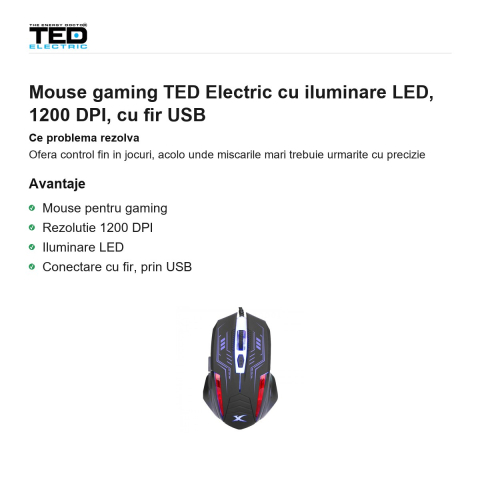 Mouse gaming TED Electric cu iluminare LED, 1200 DPI, cu fir USB [1]