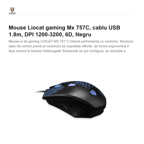 Mouse Liocat gaming Mx 757C, cablu USB 1.8m, DPI 1200-3200, 6D, Negru [1]