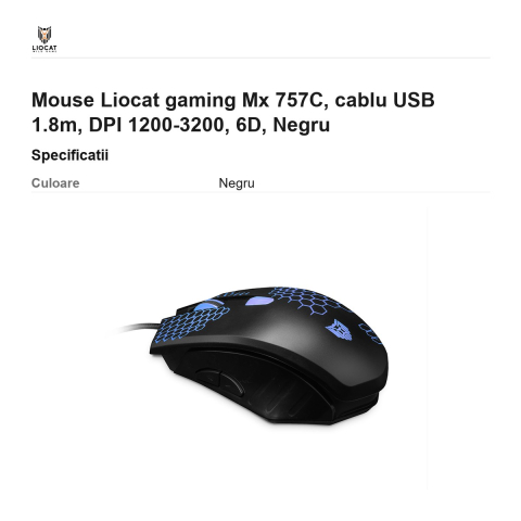 Mouse Liocat gaming Mx 757C, cablu USB 1.8m, DPI 1200-3200, 6D, Negru [2]