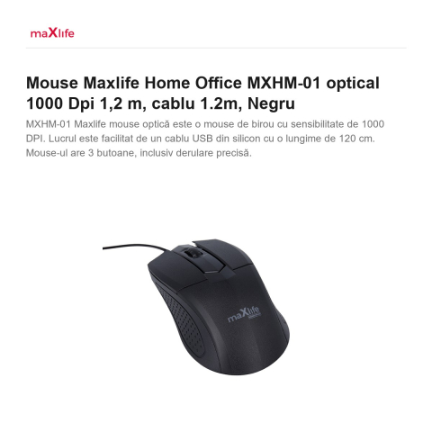 Mouse Maxlife Home Office MXHM-01 optical 1000 Dpi 1,2 m, cablu 1.2m, Negru [1]