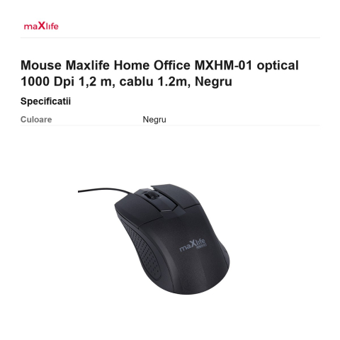 Mouse Maxlife Home Office MXHM-01 optical 1000 Dpi 1,2 m, cablu 1.2m, Negru [2]