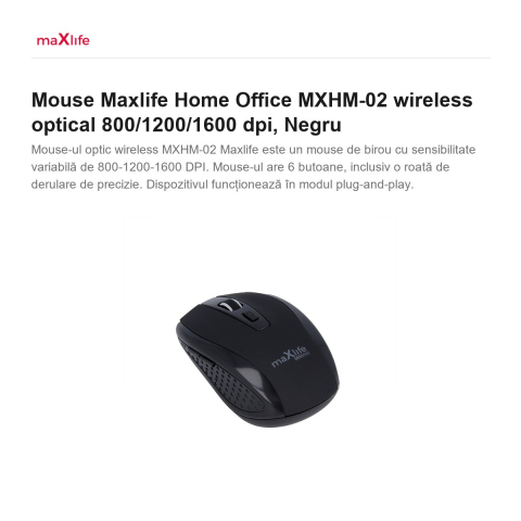 Mouse Maxlife Home Office MXHM-02 wireless optical 800/1200/1600 dpi, Negru [1]