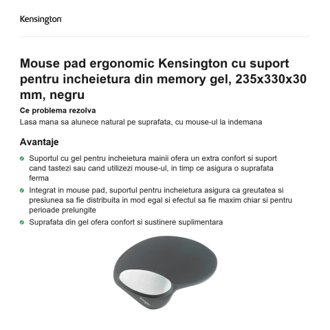 Mouse pad ergonomic Kensington cu suport pentru incheietura din memory gel, 235x330x30 mm, negru [1]