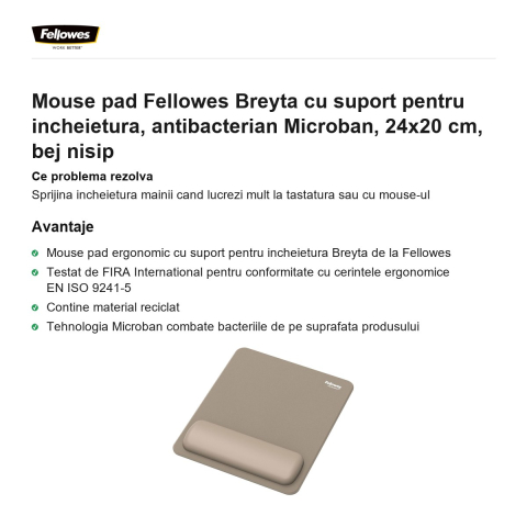 Mouse pad Fellowes Breyta cu suport pentru incheietura, antibacterian Microban, 24x20 cm, bej nisip [1]