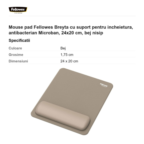 Mouse pad Fellowes Breyta cu suport pentru incheietura, antibacterian Microban, 24x20 cm, bej nisip [2]