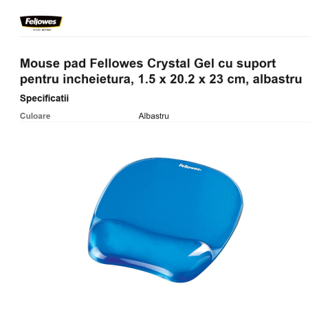 Mouse pad Fellowes Crystal Gel cu suport pentru incheietura, 1.5 x 20.2 x 23 cm, albastru [2]