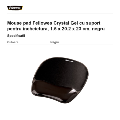 Mouse pad Fellowes Crystal Gel cu suport pentru incheietura, 1.5 x 20.2 x 23 cm, negru [2]