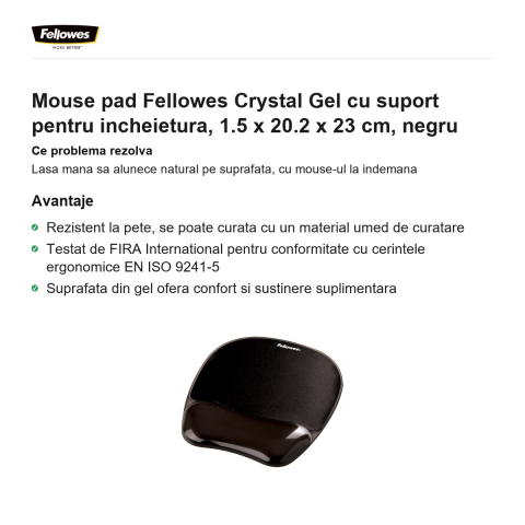 Mouse pad Fellowes Crystal Gel cu suport pentru incheietura, 1.5 x 20.2 x 23 cm, negru [1]