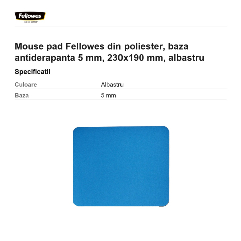 Mouse pad Fellowes din poliester, baza antiderapanta 5 mm, 230x190 mm, albastru [2]