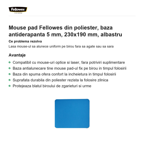 Mouse pad Fellowes din poliester, baza antiderapanta 5 mm, 230x190 mm, albastru [1]