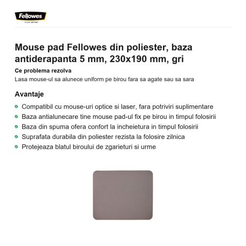 Mouse pad Fellowes din poliester, baza antiderapanta 5 mm, 230x190 mm, gri [1]