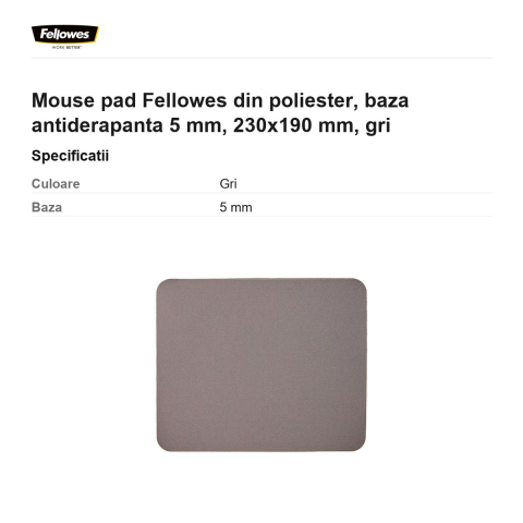 Mouse pad Fellowes din poliester, baza antiderapanta 5 mm, 230x190 mm, gri [2]