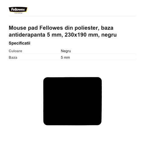 Mouse pad Fellowes din poliester, baza antiderapanta 5 mm, 230x190 mm, negru [2]